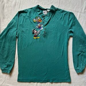 Vtg Disney's Mickey Mouse Embroidered Long Sleeve Shirt, Sea Foam Green, Size M